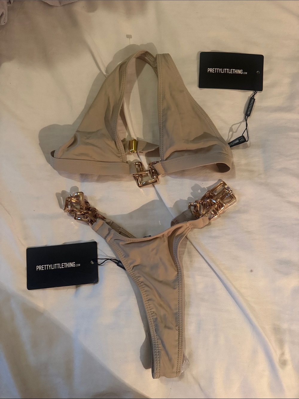PrettyLittleThing Beige Bikini with Gold Chain Hardware